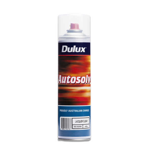 Image of a spraycan of a Dulux Autosolv Lacquer Clear